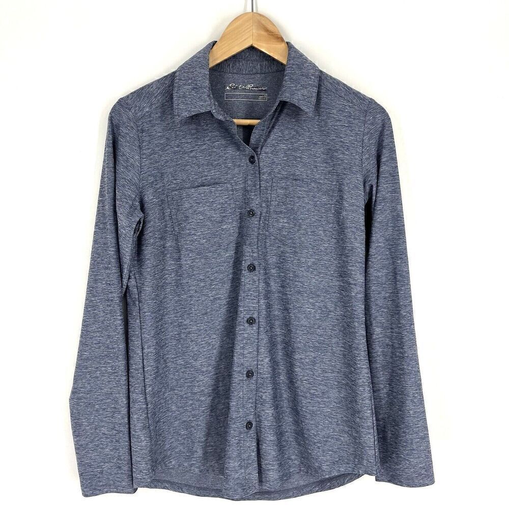Eddie Bauer Shirt Size Small Womens Heather Blue Button Up Long Sleeve Knit